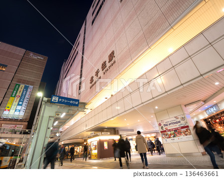 Kita-Senju Station building and taxi stand at night, Tokyo Kita-Senju Station building and taxi stand at night, Tokyo 136463661