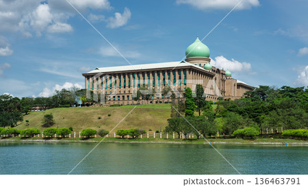 Perdana Putra, Prime Minister's Office, Putrajaya, Malaysia, seen across the lake on a sunny day 136463791