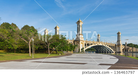 Seri Gemilang Bridge in Putrajaya Malaysia with park and clear blue sky Seri Gemilang Bridge in Putrajaya Malaysia with park and clear blue sky 136463797