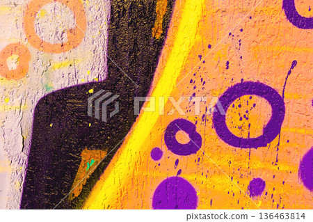 Purple Yellow Abstract Graffiti Pattern on Wall with Street Art Texture for Urban 90s Style 136463814