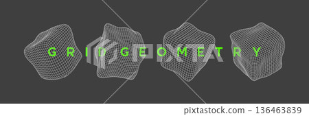 Set of distorted wireframe cube shapes with organic, fluid mesh design. Mathematical mesh shapes for futuristic tech design, science and digital projects. Set of distorted wireframe cube shapes with organic, fluid mesh design. Mathematical mesh shapes for futuristic tech design, science and digital projects. 136463839