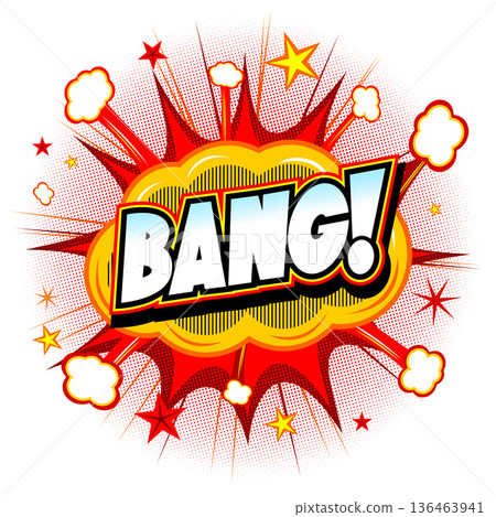 Bang illustration - red explosion, white background Bang illustration - red explosion, white background 136463941
