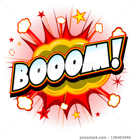 Booom illustration - red explosion, white background Booom illustration - red explosion, white background 136463946