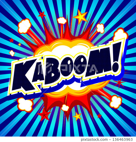 Kaboom - explosion illustration - blue background with stripes 136463963