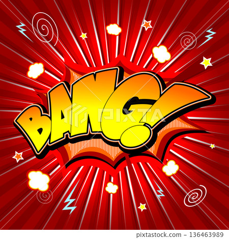 Bang illustration - yellow and orange text, red background 136463989