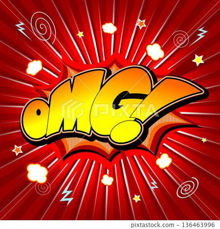 Oh my God (OMG) illustration - yellow and orange text, red backg Oh my God (OMG) illustration - yellow and orange text, red backg 136463996