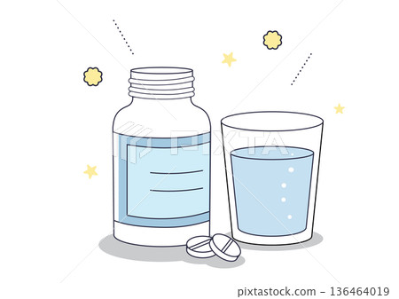 Medicine bottle and pills and glass of water Medicine bottle and pills and glass of water 136464019