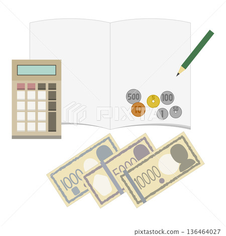 計算器、筆記本和現金（紙幣和硬幣）的圖片素材 136464027
