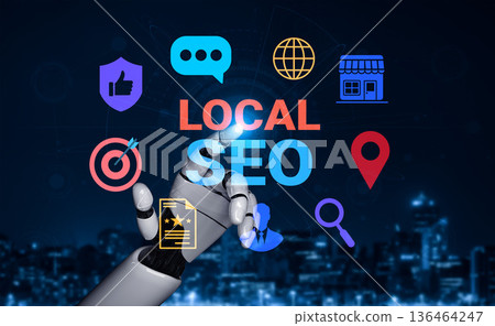 Futuristic Robot Hand Interacting with Graphics of Local SEO Icons Over a Night City Skyline Background for Digital Marketing Concept Gantry 136464247