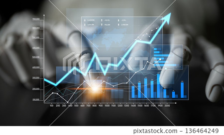 Digital Concept of Business Growth with Hand Manipulating Data Graphs and Charts in Modern Office Environment, Analysis and Visualization Tools Scalp 136464249