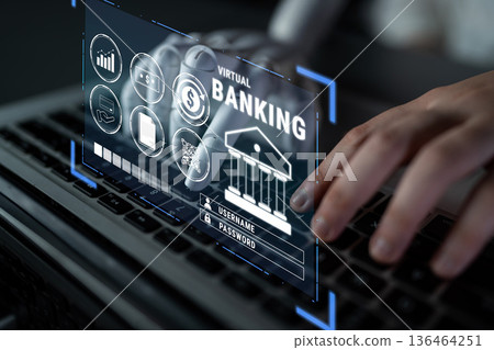 Modern virtual banking interface displayed on a laptop screen with hand interacting with digital icons and security elements, showcasing technology and finance Quark 136464251