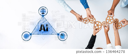 Hands of diverse individuals collaborating on artificial intelligence concept with gears and scales symbolizing balance and innovation in technology solutions Trope Hands of diverse individuals collaborating on artificial intelligence concept with gears and scales symbolizing balance and innovation in technology solutions Trope 136464278