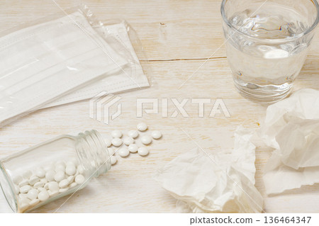 Used tissue, nonwoven mask, pills, and water Used tissue, nonwoven mask, pills, and water 136464347