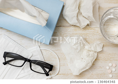Hay fever prevention: glasses, medicine, masks, tissues Hay fever prevention: glasses, medicine, masks, tissues 136464348