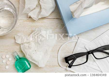Hay fever prevention: glasses, medicine, masks, tissues 136464349