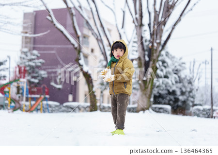 一個6歲男孩在雪地公園玩耍 136464365