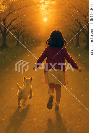 A girl running through a flurry of cherry blossom petals 136464366