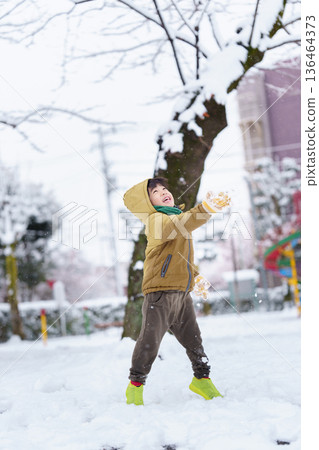 一個6歲男孩在雪地公園玩耍 136464373