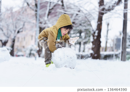 一個6歲男孩在雪地公園玩耍 136464390