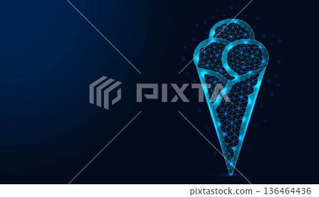 Low poly wireframe ice cream cone with three scoops on dark blue background. Low poly wireframe ice cream cone with three scoops on dark blue background. 136464436