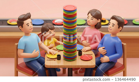 一家人在迴轉壽司店裡把盤子堆得滿滿的,吃得飽飽的。 一家人在迴轉壽司店裡把盤子堆得滿滿的,吃得飽飽的。 136464490