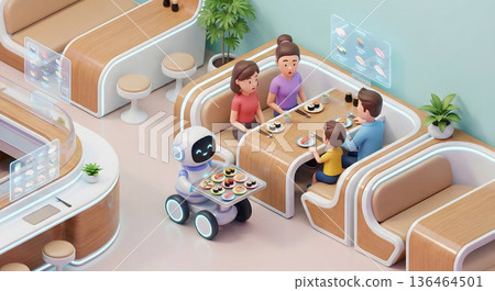 充滿未來感的壽司餐廳,配備機器人服務員和全息菜單。 充滿未來感的壽司餐廳,配備機器人服務員和全息菜單。 136464501