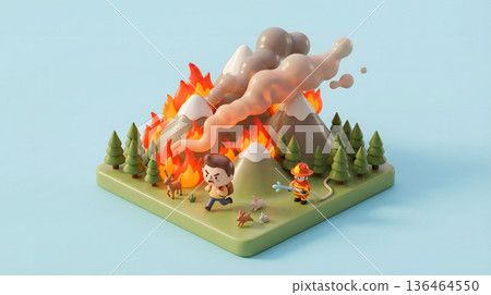 A man flees a forest fire, animals escape, and firefighters fight the fire 136464550