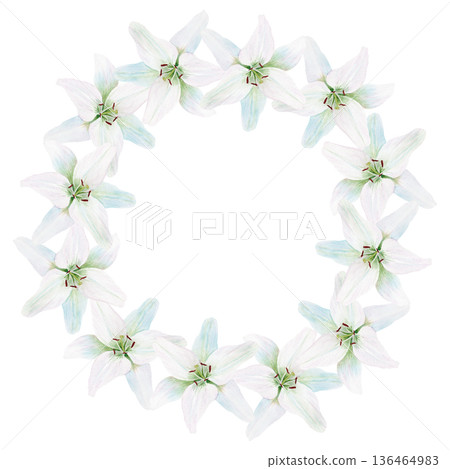 Watercolor wreath of white lilies with green leaves, delicate floral frame isolated on black background, hand painted botanical illustration for wedding invitations, Easter decor and greeting cards 136464983