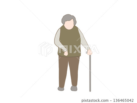 彩色插圖，描繪了右眼癱瘓的老人拄著拐杖站立的情景。 136465042