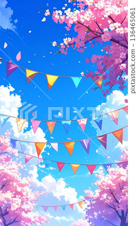 Vertical Material: A refreshing spring illustration of blue skies, cherry blossoms, and garlands. AI-generated material. 136465061