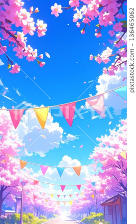 直版素材：一幅清新明快的春日插畫，描繪了藍天、櫻花和花環。人工智慧生成素材。 136465062