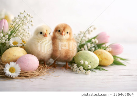 Easter still life with little chicks, eggs and spring flowers. Farm animals and holiday symbols. 136465064