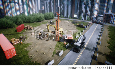 Workers are actively involved in the construction of a multi-story building during summer. Cranes are lifting materials. 3d rendering. Workers are actively involved in the construction of a multi-story building during summer. Cranes are lifting materials. 3d rendering. 136465111