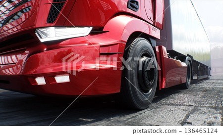 Red cargo truck on construction. driving. Building and transport logistic concept. 3d rendering. Red cargo truck on construction. driving. Building and transport logistic concept. 3d rendering. 136465124
