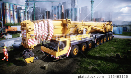 Mobile construction crane. Construction of a large industrial building or factory, building exterior. 3d rendering. Mobile construction crane. Construction of a large industrial building or factory, building exterior. 3d rendering. 136465126
