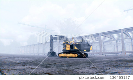 Excavator with big shovel on construction site. Daylight. 3d rendering. Excavator with big shovel on construction site. Daylight. 3d rendering. 136465127