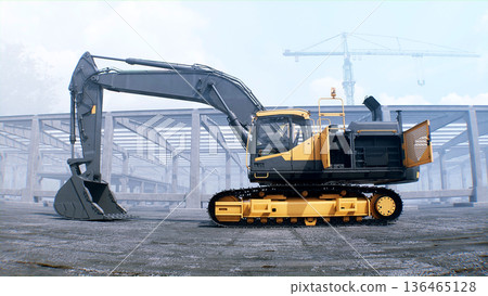 Excavator with big shovel on construction site. Daylight. 3d rendering. Excavator with big shovel on construction site. Daylight. 3d rendering. 136465128