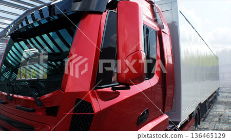 Red cargo truck on construction. driving. Building and transport logistic concept. 3d rendering. 136465129