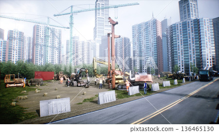 Workers are actively involved in the construction of a multi-story building during summer. Cranes are lifting materials. 3d rendering. Workers are actively involved in the construction of a multi-story building during summer. Cranes are lifting materials. 3d rendering. 136465130