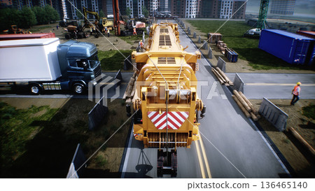 Mobile construction crane. Construction of a large industrial building ,modern industrial exterior. 3d rendering. 136465140