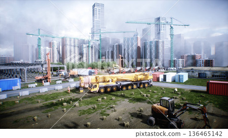 Mobile construction crane. Construction of a large industrial building or factory, building exterior. 3d rendering. 136465142