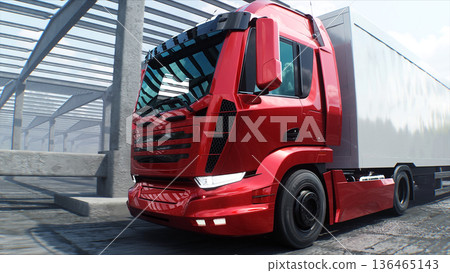 Red cargo truck on construction. driving. Building and transport logistic concept. 3d rendering. Red cargo truck on construction. driving. Building and transport logistic concept. 3d rendering. 136465143