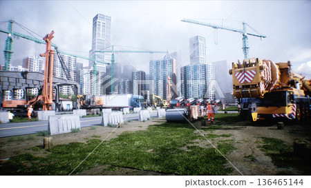 Mobile construction crane. Construction of a large industrial building or factory, building exterior. 3d rendering. Mobile construction crane. Construction of a large industrial building or factory, building exterior. 3d rendering. 136465144