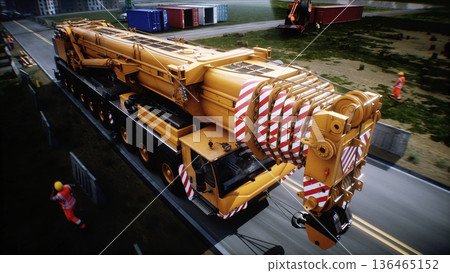 Mobile construction crane. Construction of a large industrial building ,modern industrial exterior. 3d rendering. Mobile construction crane. Construction of a large industrial building ,modern industrial exterior. 3d rendering. 136465152
