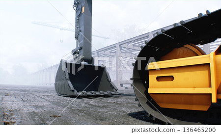 Excavator with big shovel on construction site. Daylight. 3d rendering. 136465200