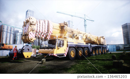 Mobile construction crane. Construction of a large industrial building or factory, building exterior. 3d rendering. 136465203