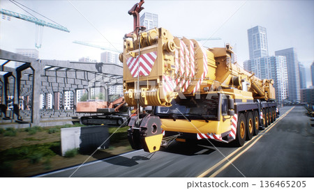 Mobile construction crane. Construction of a large industrial building ,modern industrial exterior. 3d rendering. Mobile construction crane. Construction of a large industrial building ,modern industrial exterior. 3d rendering. 136465205