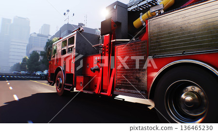 An fire engine, fire rescue driving fast on a city street.3d rendering. 136465230