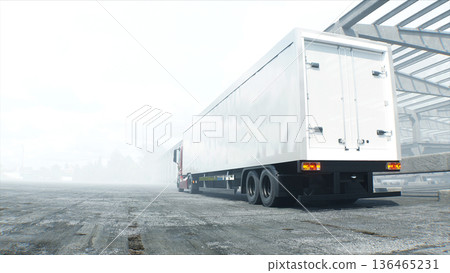Red cargo truck on construction. driving. Building and transport logistic concept. 3d rendering. 136465231