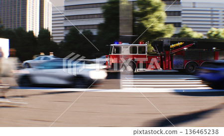 An fire engine, fire rescue driving fast on a city street.3d rendering. An fire engine, fire rescue driving fast on a city street.3d rendering. 136465238